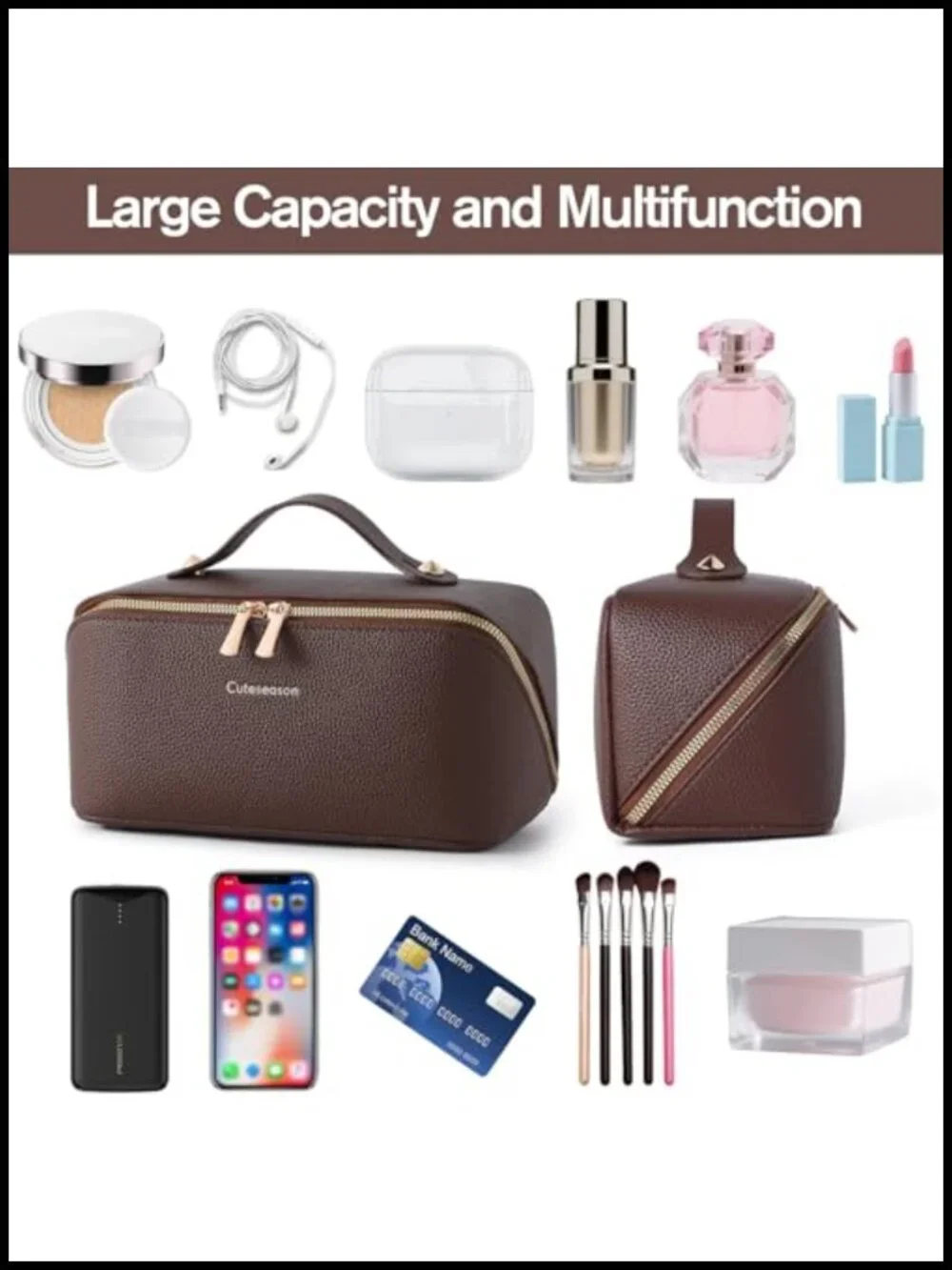Structured PU Leather Makeup Bag for Women, Travel Cosmetic Organizer with